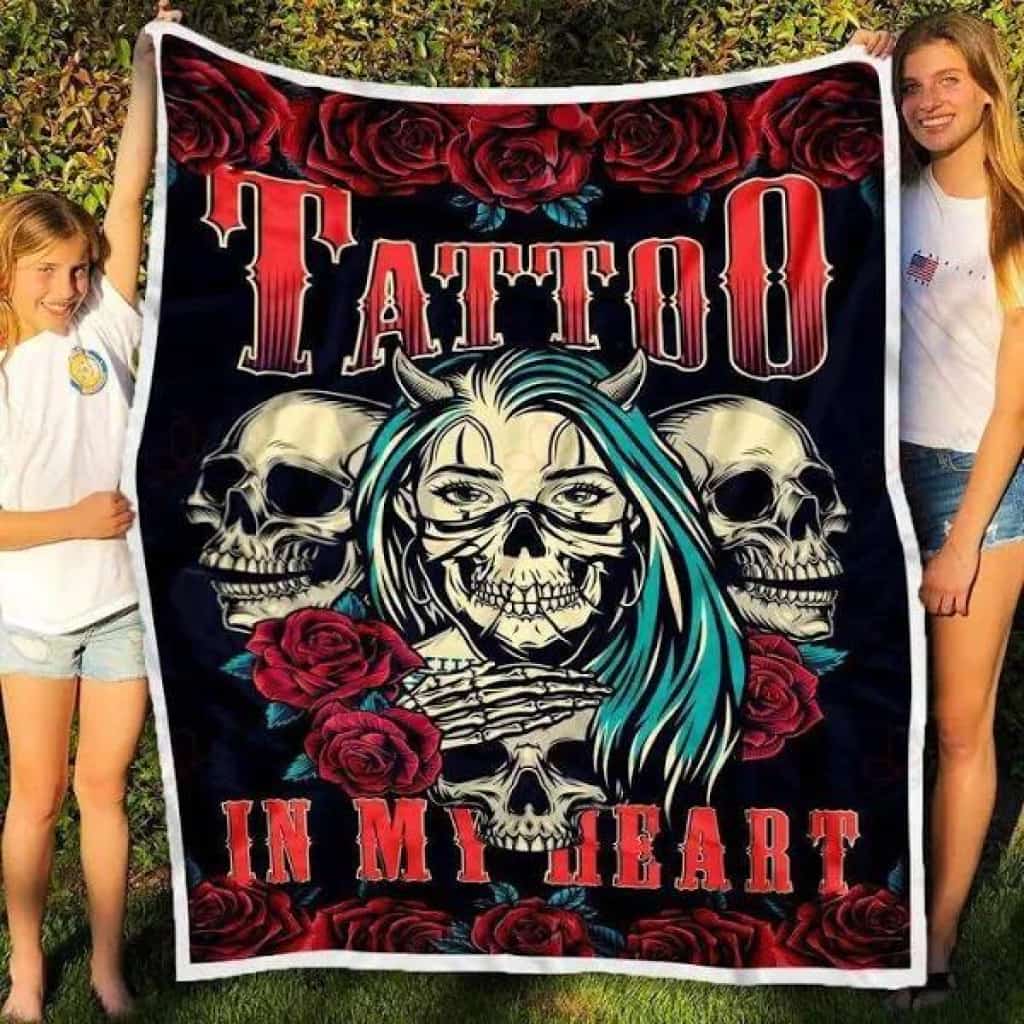 Girl And Skull Red Roses Tattoo In My Heart Fleece Blanket