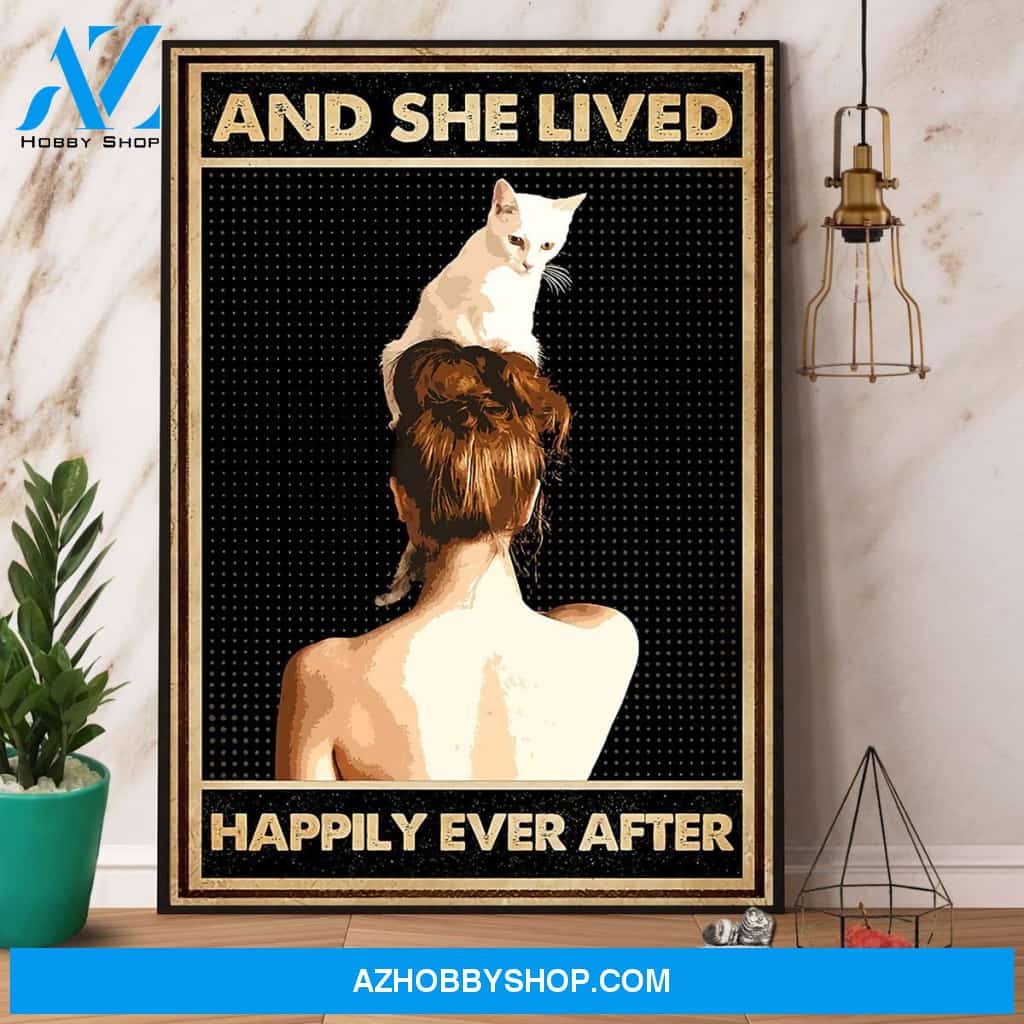 Girl And White Cat And She Lived Happily Ever After Canvas And Poster, Wall Decor Visual Art