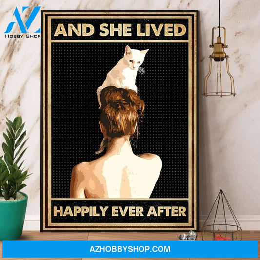 Girl And White Cat And She Lived Happily Ever After Canvas And Poster, Wall Decor Visual Art