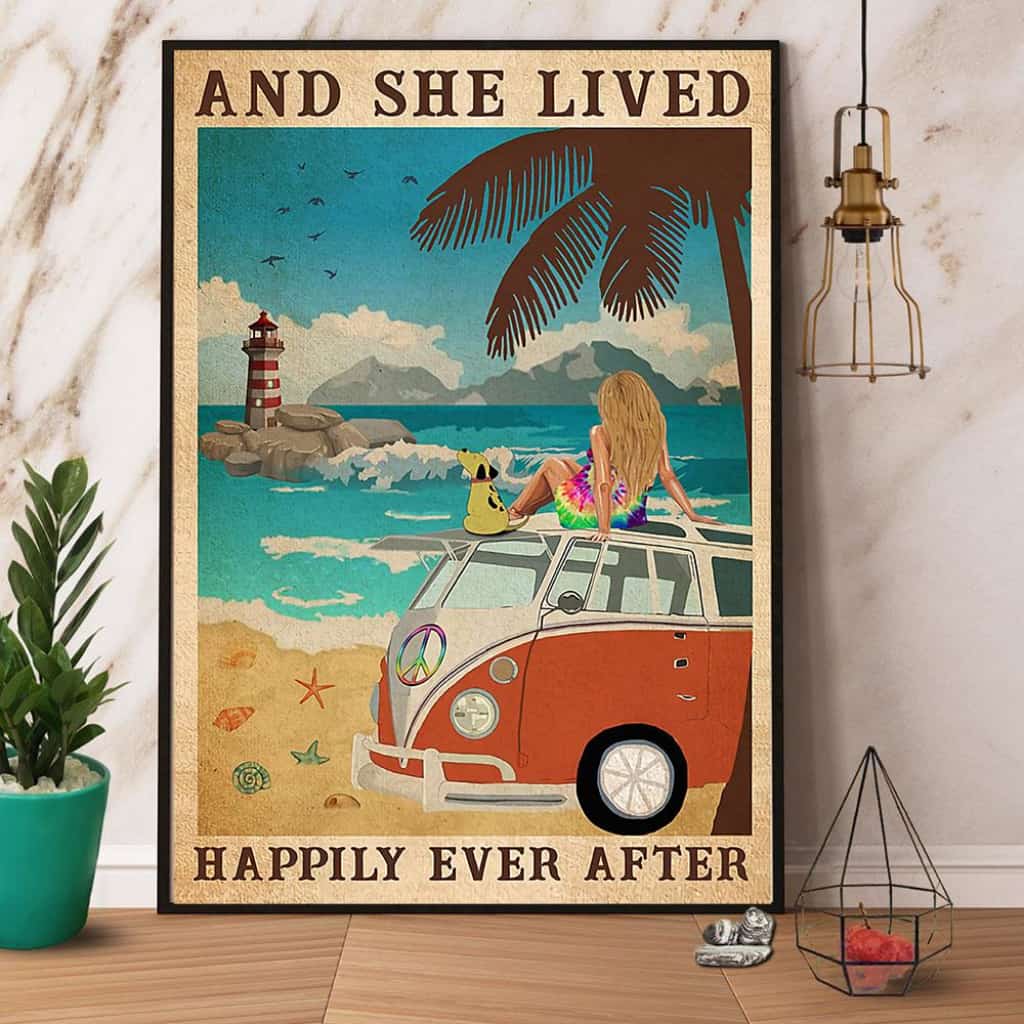 Girl Beach Dog And She Lived Happily Ever After Paper Poster No Frame Matte Canvas Wall Decor