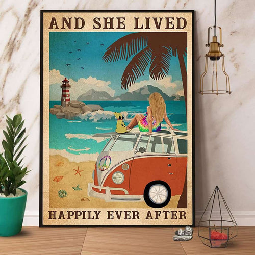 Girl Beach Dog And She Lived Happily Ever After Paper Poster No Frame Matte Canvas Wall Decor