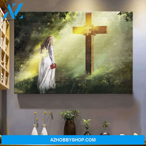 Girl bowing before cross Jesus Landscape Canvas Prints, Wall Art