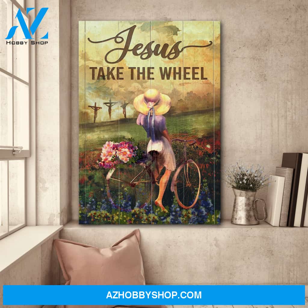Girl in flower field - Jesus take the wheel Jesus Portrait Canvas Prints - Wall Art