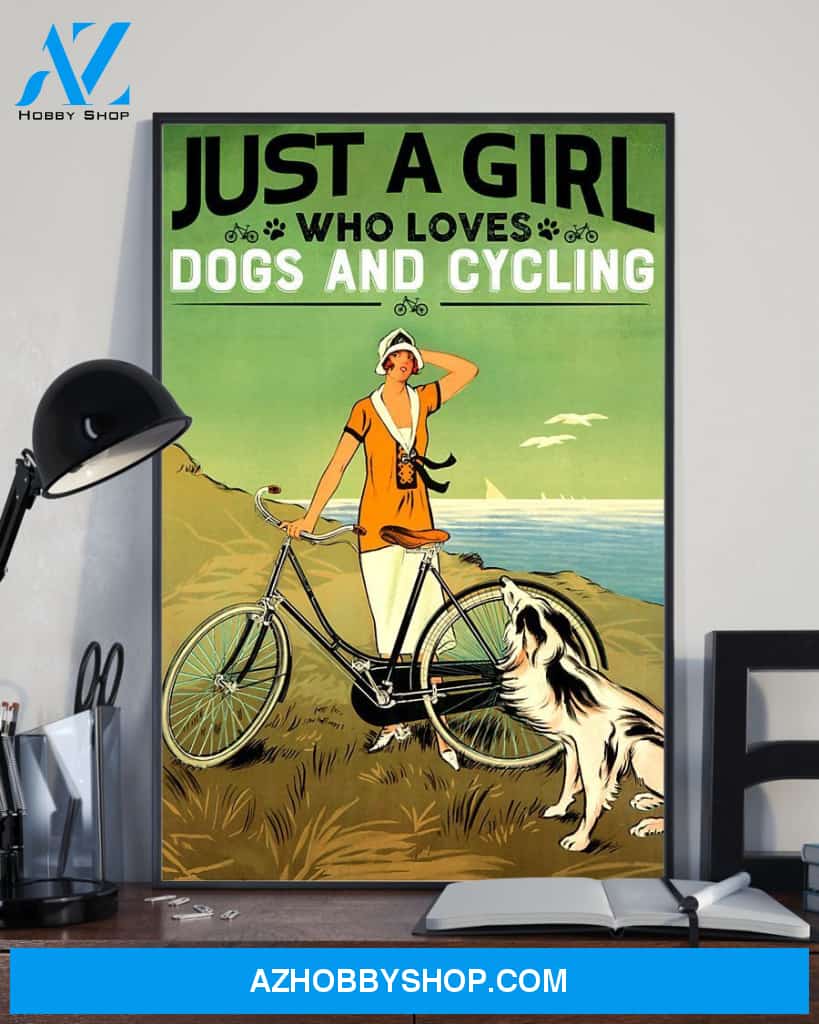 Girl Loves Cycling And Dog Vertical Art Canvas, Wall Decor Visual Art