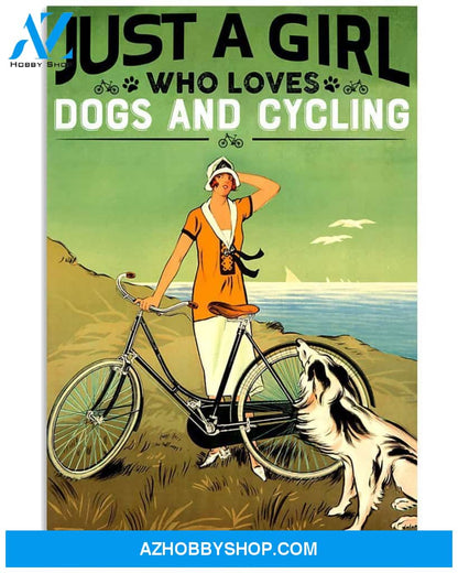 Girl Loves Cycling And Dog Vertical Art Canvas, Wall Decor Visual Art