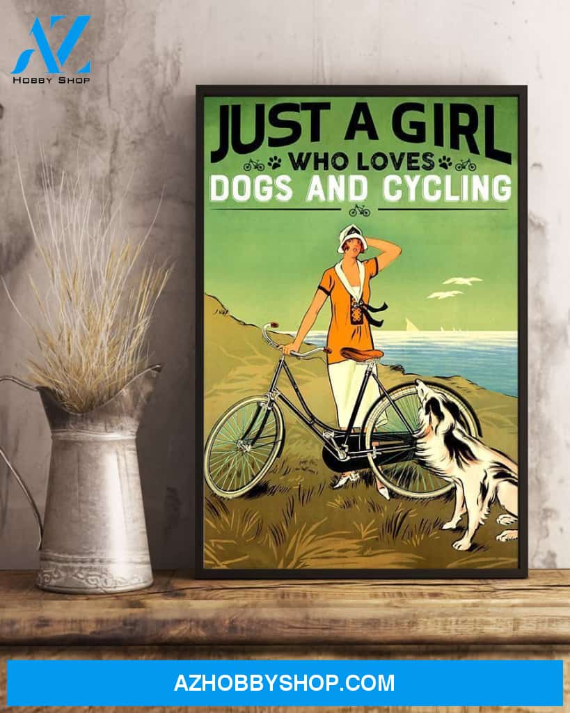 Girl Loves Cycling And Dog Vertical Art Canvas, Wall Decor Visual Art