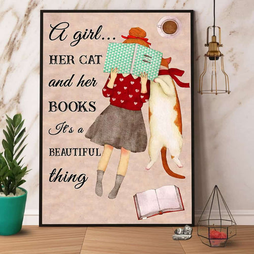 Girl Reads Book A Girl Her Cat And Her Books A Beautiful Thing Paper Poster No Frame Matte Canvas Wall Decor