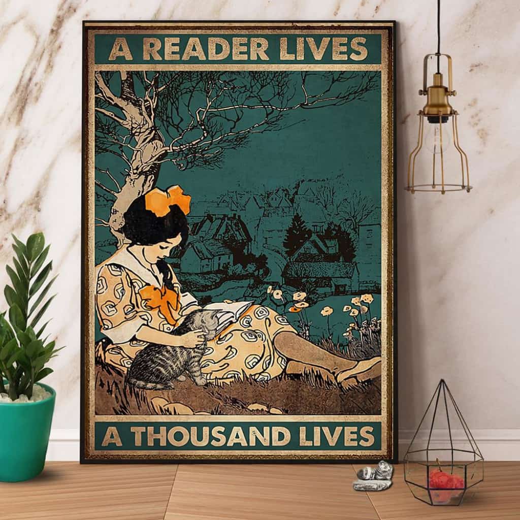 Girl Reads Book & Cat A Reader Lives A Thousand Lives Paper Poster No Frame Matte Canvas Wall Decor