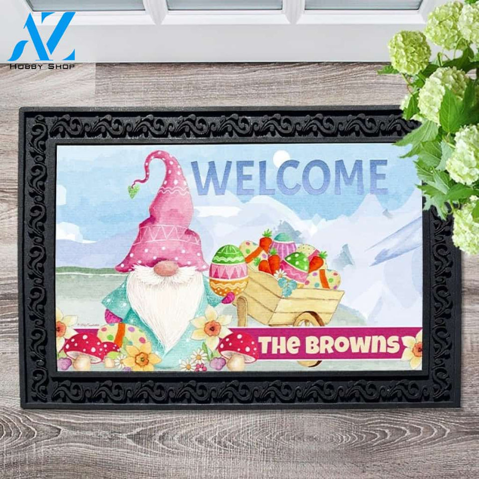 Gnome Easter Wheelbarrow Personalized Doormat - 18" x 30"