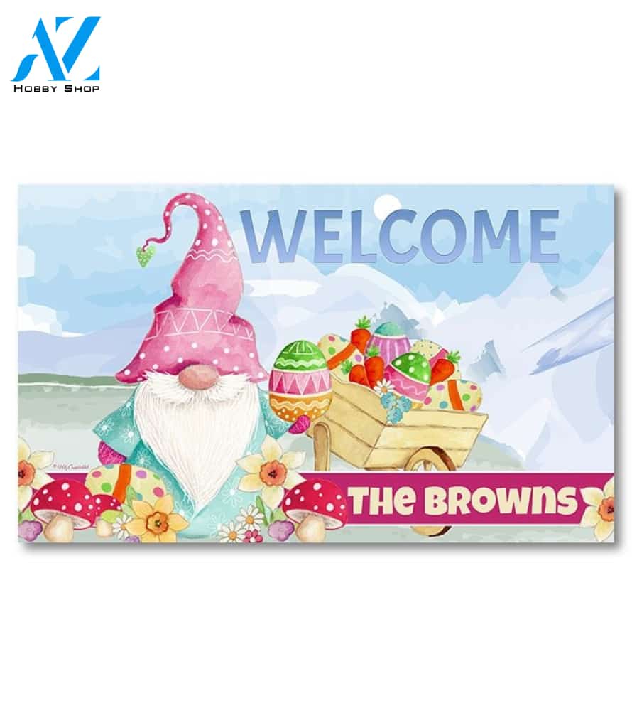 Gnome Easter Wheelbarrow Personalized Doormat - 18" x 30"
