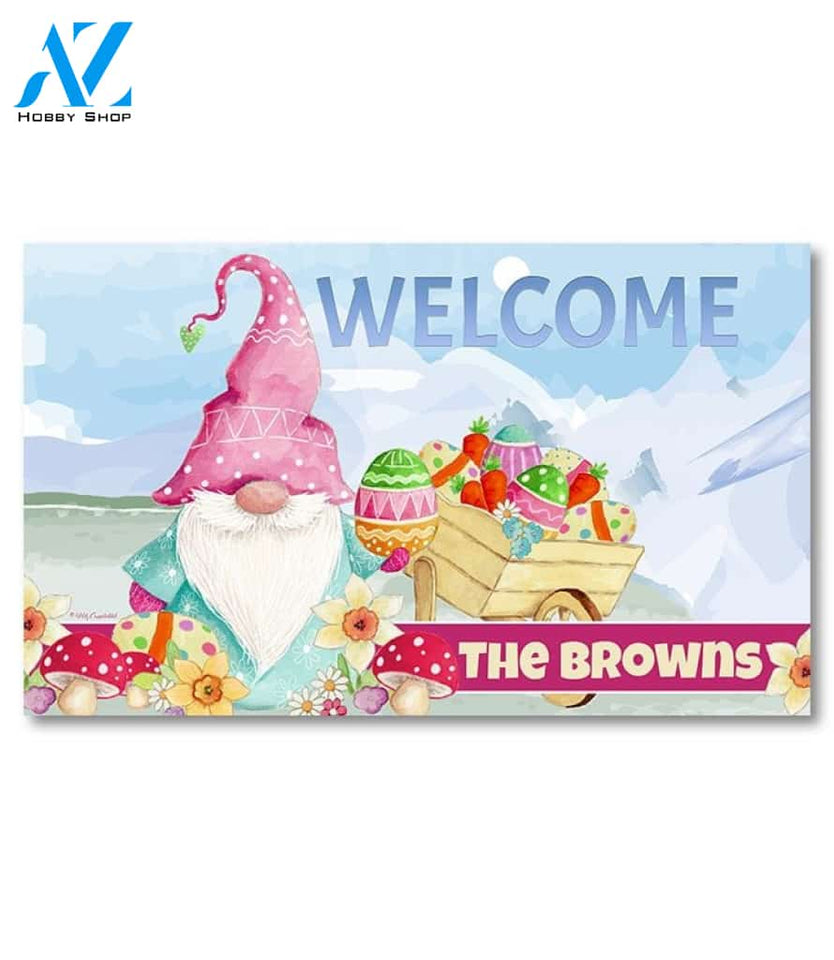 Gnome Easter Wheelbarrow Personalized Doormat - 18" x 30"