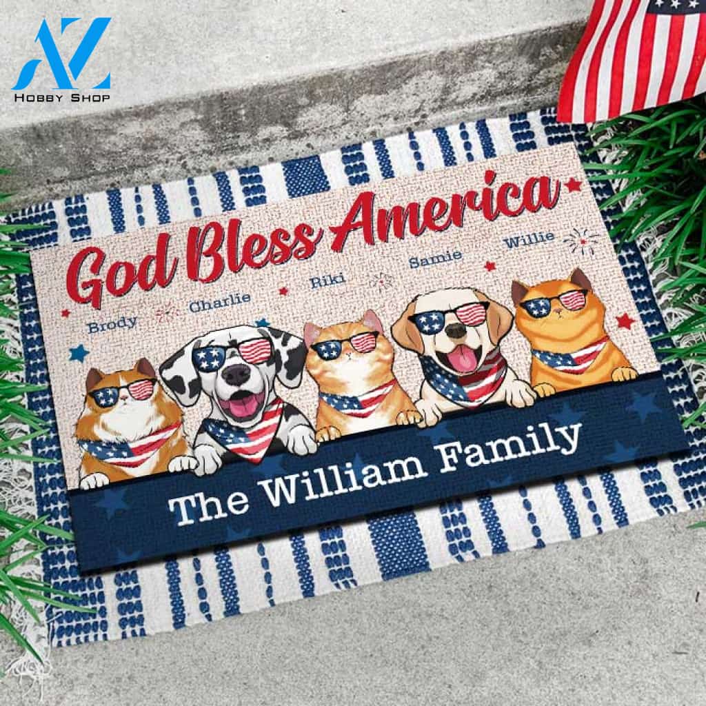 God Bless America - Customized Text - 4th Of July Funny Personalized Pet Doormat (Cat & Dog) 