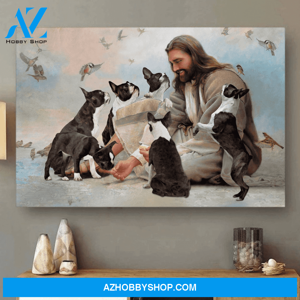 God Jesus Horizontal Canvas Wall Art - God Wall Art - God Surrounded By French Bulldog