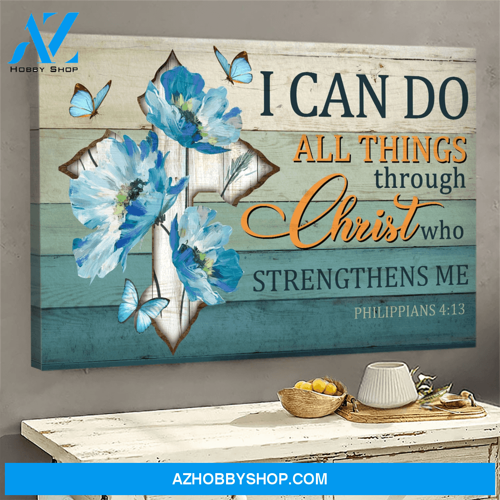God Jesus Landscape Canvas Wall Art - God Wall Art - Blue Flowers - I Can Do All Things Through Christ Who Strengthens Me