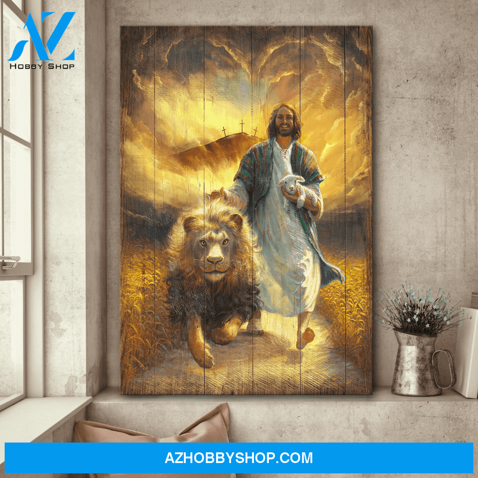God, Jesus Walking With Lamb And Lion On The Field Canvas Wall Art, Wall Decor Visual Art