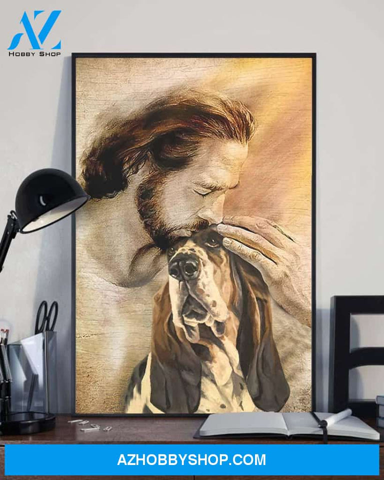 God, Jesus With Lovely Basset Hound Dog Canvas Wall Art | For Basset Hound Dog Lover Canvas | God Kiss Dog Canvas Wall Art, Wall Decor Visual Art