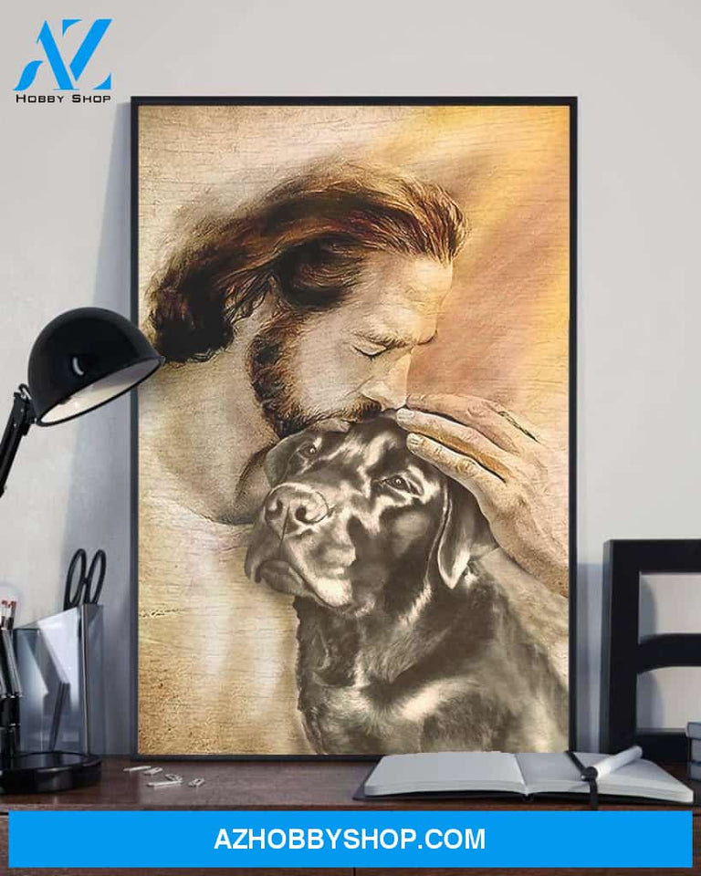 God, Jesus With Lovely Black Labrador Dog Canvas Wall Art | For Black Labrador Dog Lover Canvas | God Kiss Dog Canvas Wall Art, Wall Decor Visual Art