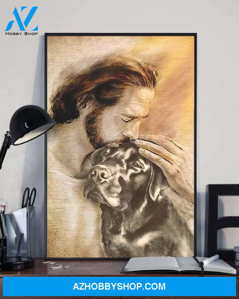 God, Jesus With Lovely Black Labrador Dog Canvas Wall Art | For Black Labrador Dog Lover Canvas | God Kiss Dog Canvas Wall Art, Wall Decor Visual Art