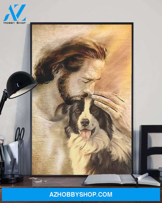 God, Jesus With Lovely Border Collie Dog Canvas Wall Art | For Border Collie Dog Lover Canvas | God Kiss Dog Canvas Wall Art, Wall Decor Visual Art