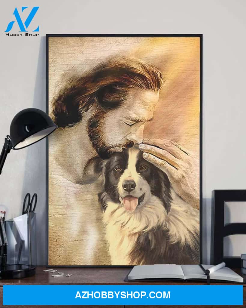 God, Jesus With Lovely Border Collie Dog Canvas Wall Art | For Border Collie Dog Lover Canvas | God Kiss Dog Canvas Wall Art, Wall Decor Visual Art