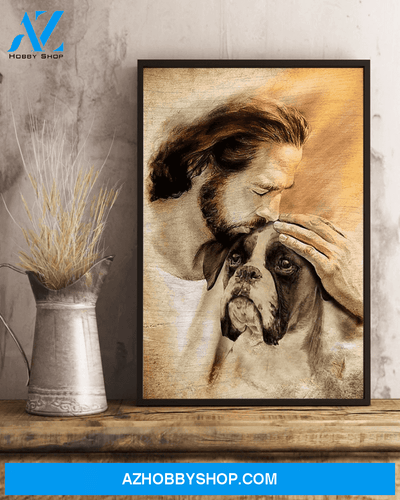 God, Jesus With Lovely Boxer Dog Canvas Wall Art | For Boxer Dog Lover Canvas | God Kiss Dog Canvas Wall Art, Wall Decor Visual Art