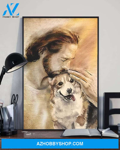 God, Jesus With Lovely Corgi Dog Canvas Wall Art | For Corgi Dog Lover Canvas | God Kiss Dog Canvas Wall Art, Wall Decor Visual Art