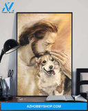 God, Jesus With Lovely Corgi Dog Canvas Wall Art | For Corgi Dog Lover Canvas | God Kiss Dog Canvas Wall Art, Wall Decor Visual Art