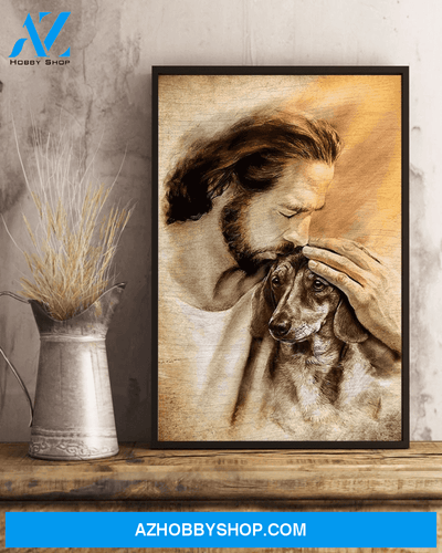 God, Jesus With Lovely Dachshund Dog Canvas Wall Art | For Dachshund Dog Lover Canvas | God Kiss Dog Canvas Wall Art, Wall Decor Visual Art