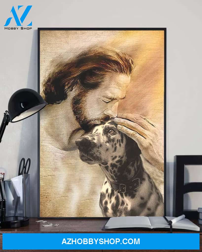 God, Jesus With Lovely Dalmatian Dog Canvas Wall Art | For Dalmatian Dog Lover Canvas | God Kiss Dog Canvas Wall Art, Wall Decor Visual Art
