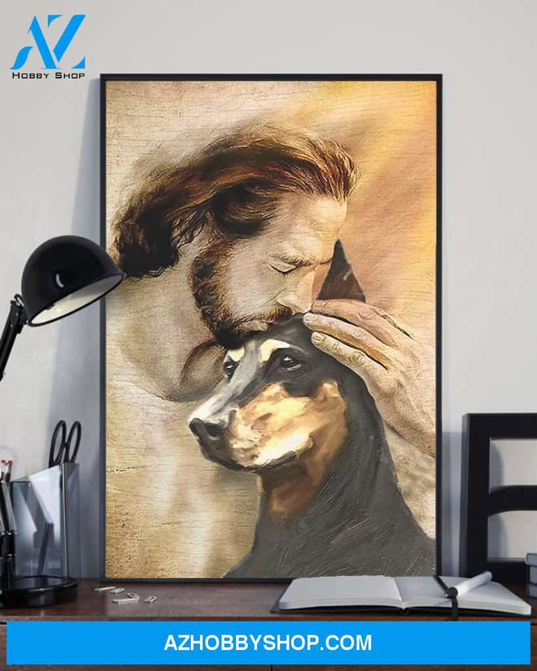 God, Jesus With Lovely Doberman Dog Canvas Wall Art | For Doberman Dog Lover Canvas | God Kiss Dog Canvas Wall Art, Wall Decor Visual Art