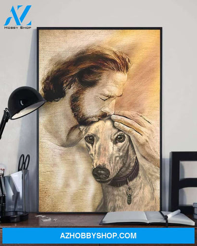 God, Jesus With Lovely Greyhound Dog Canvas Wall Art | For Greyhound Dog Lover Canvas | God Kiss Dog Canvas Wall Art, Wall Decor Visual Art
