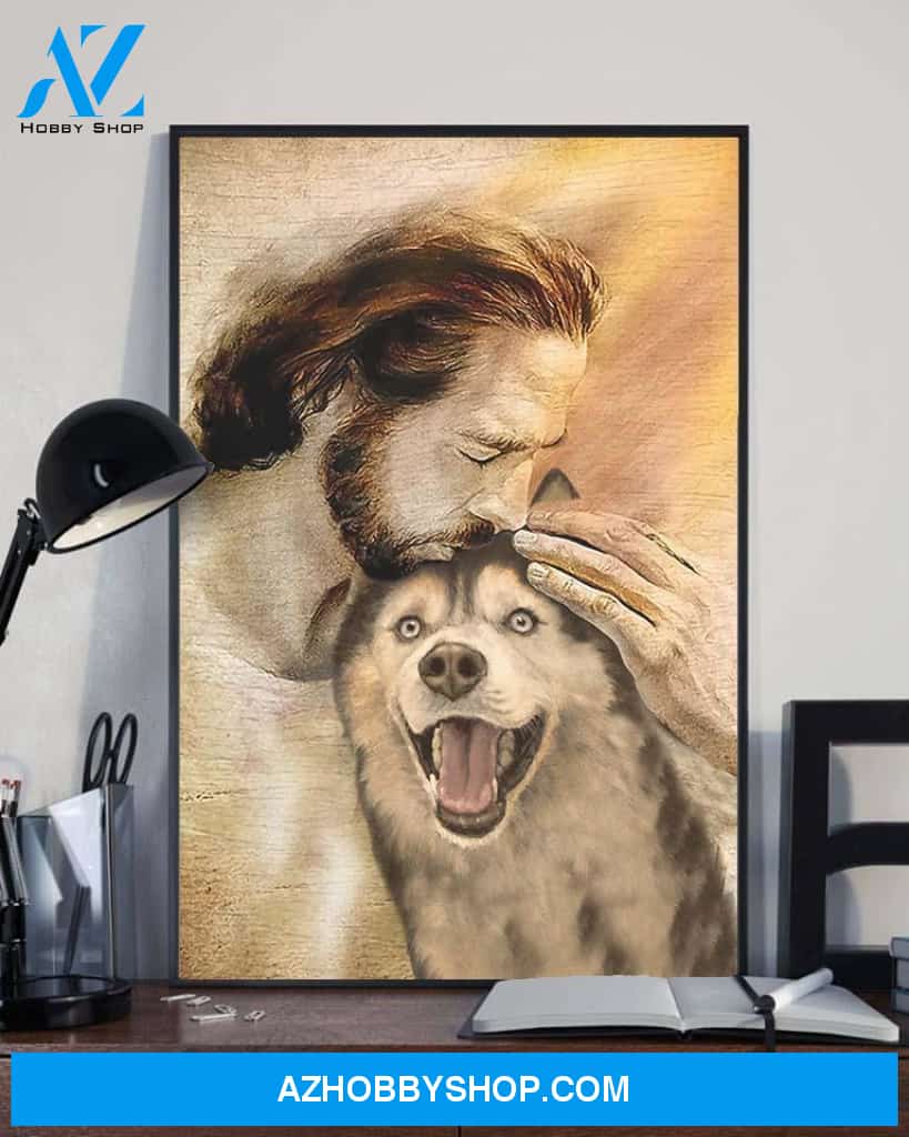 God, Jesus With Lovely Husky Dog Canvas Wall Art | For Husky Dog Lover Canvas | God Kiss Dog Canvas Wall Art, Wall Decor Visual Art