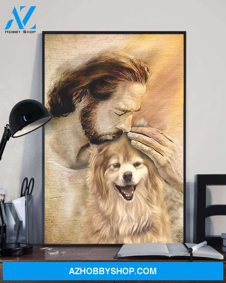 God, Jesus With Lovely Pomeranian Dog Canvas Wall Art | For Pomeranian Dog Lover Canvas | God Kiss Dog Canvas Wall Art, Wall Decor Visual Art