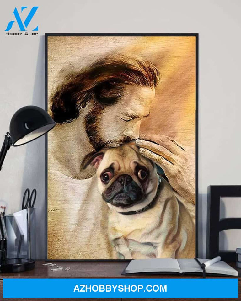 God, Jesus With Lovely Pug Dog Canvas Wall Art | For Pug Dog Lover Canvas | God Kiss Dog Canvas Wall Art, Wall Decor Visual Art