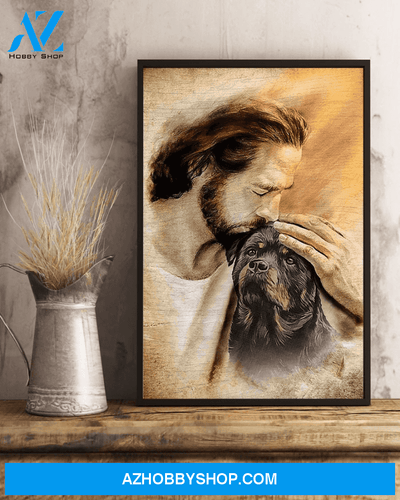 God, Jesus With Lovely Rottweiler Dog Canvas Wall Art | For Rottweiler Dog Lover Canvas | God Kiss Dog Canvas Wall Art, Wall Decor Visual Art