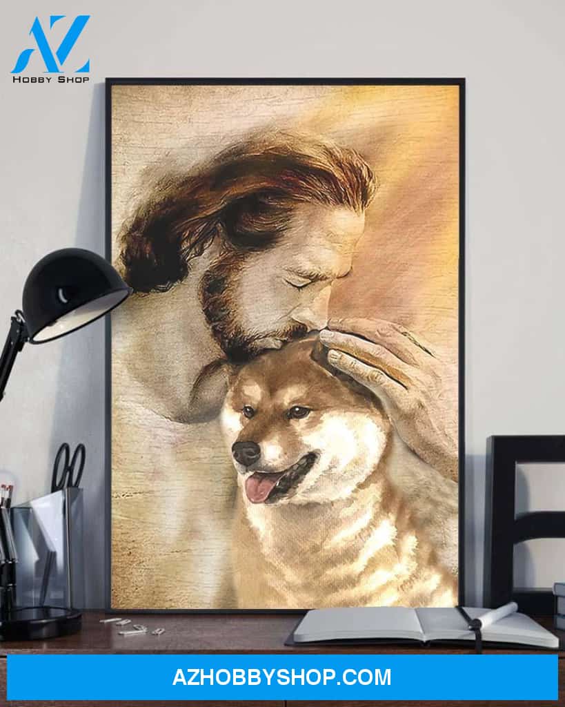 God, Jesus With Lovely Shiba Inu Dog Canvas Wall Art | For Shiba Inu Dog Lover Canvas | God Kiss Dog Canvas Wall Art, Wall Decor Visual Art