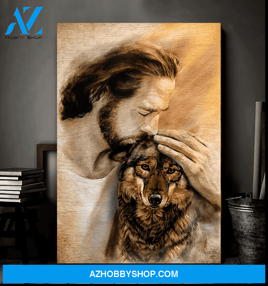 God, Jesus With Lovely Wolf Canvas | Painting Print Canvas Wall Art, Wall Decor Visual Art