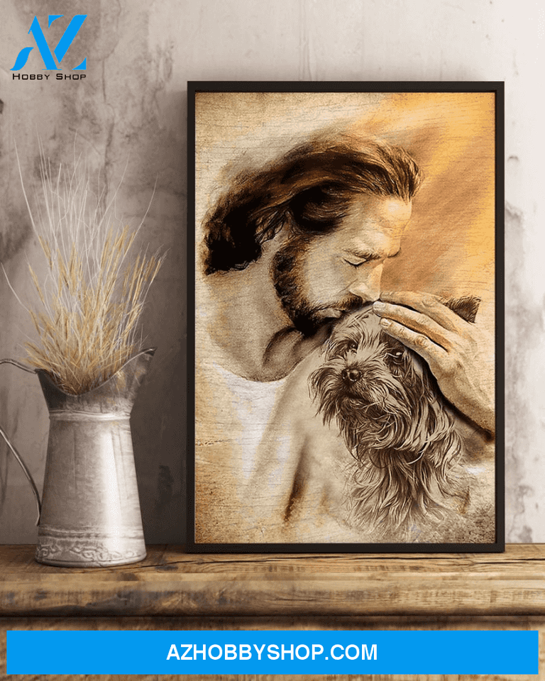 God, Jesus With Lovely Yorkie Dog Canvas Wall Art | For Yorkie Dog Lover Canvas | God Kiss Dog Canvas Wall Art, Wall Decor Visual Art