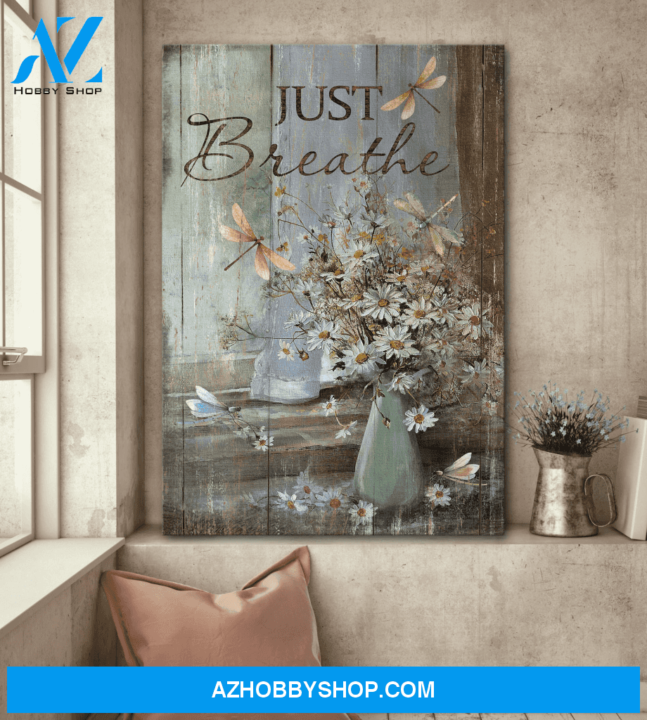 God Portrait Canvas Wall Art - Poster Printing - Wall Art - Vintage Daisy Vase With Dragonfly - Just Breathe