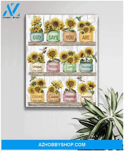 God Says You Are Sunflower and Hummingbird Canvas Wall Art Decor