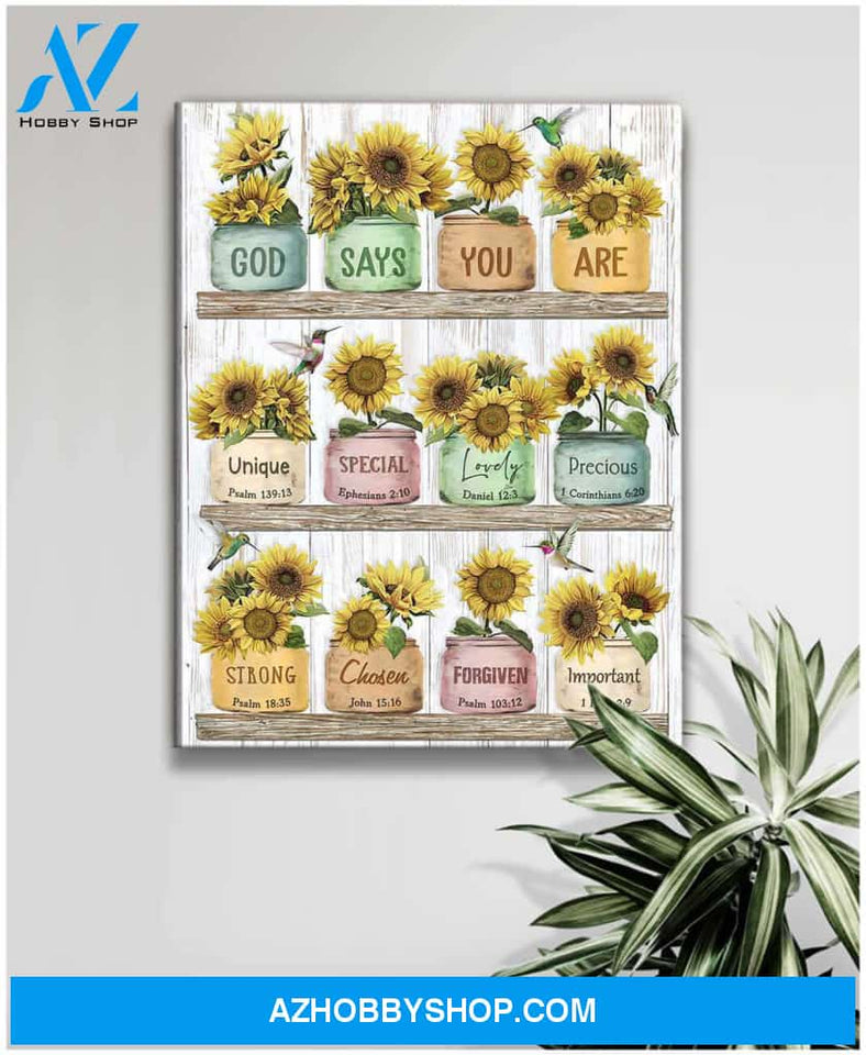 God Says You Are Sunflower and Hummingbird Canvas Wall Art Decor