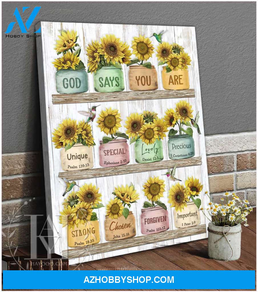 God Says You Are Sunflower and Hummingbird Canvas Wall Art Decor