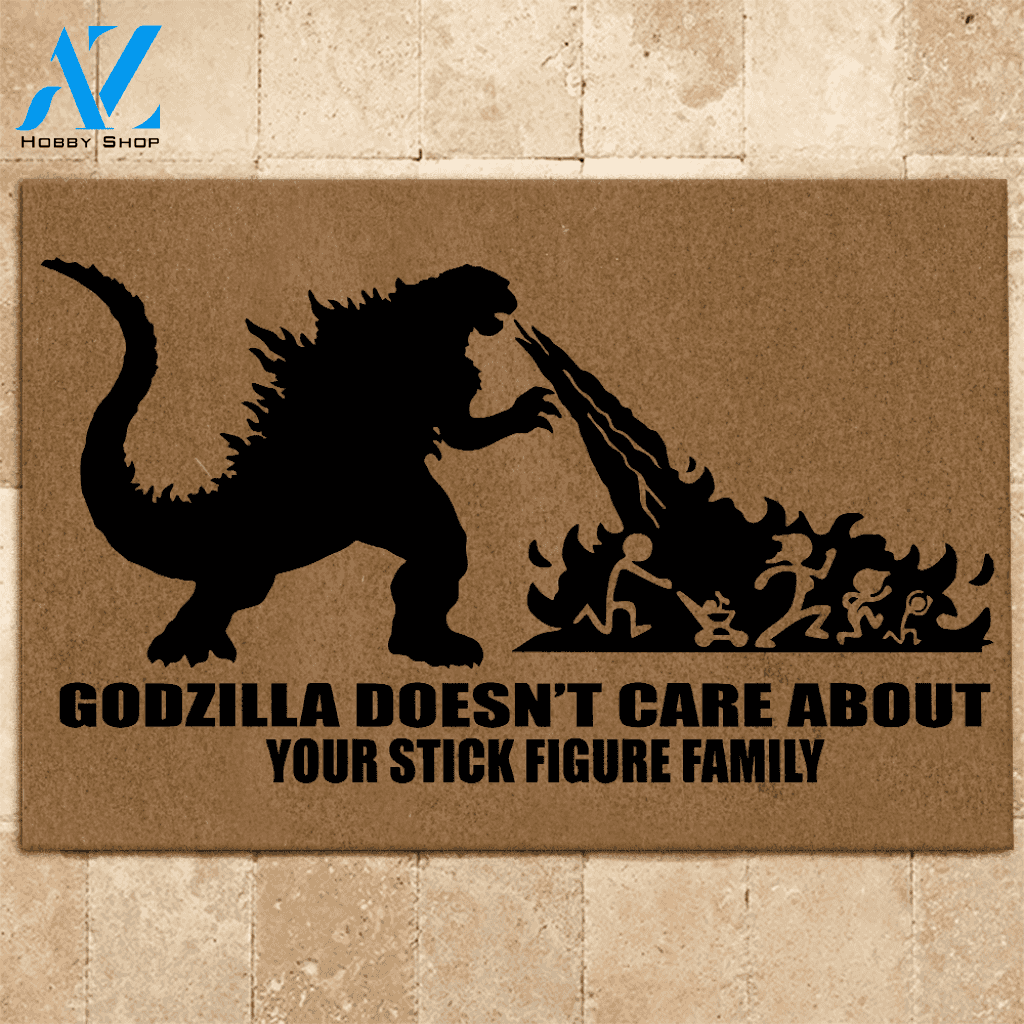 Godzilla Doormat Doesn't Care About Your Stick Figure Family | Welcome Mat | House Warming Gift