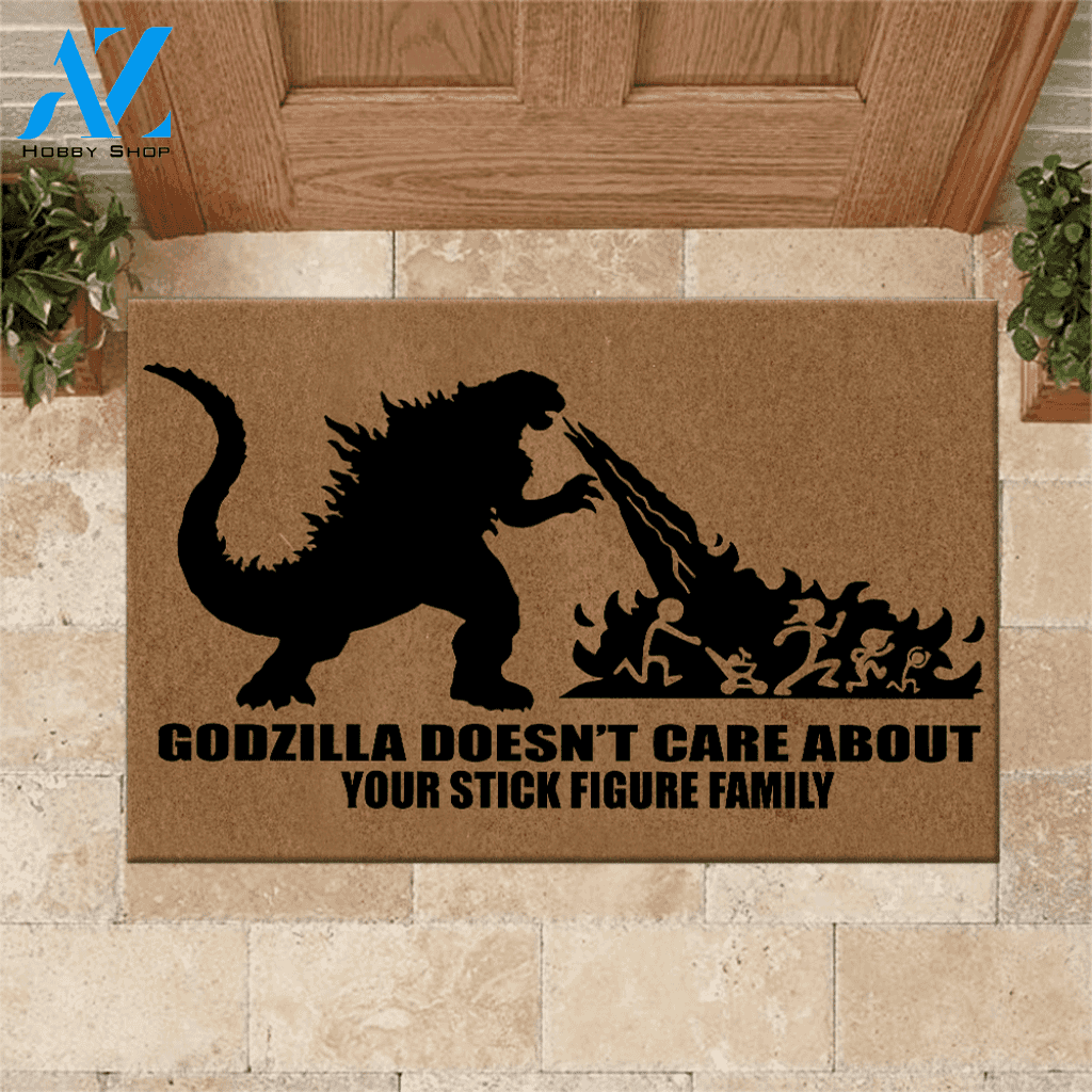 Godzilla Doormat Doesn't Care About Your Stick Figure Family | Welcome Mat | House Warming Gift