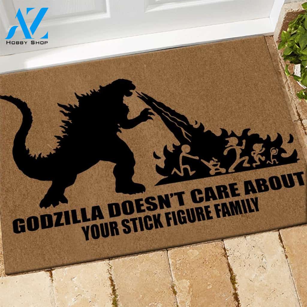 Godzilla Doormat Doesn't Care About Your Stick Figure Family | Welcome Mat | House Warming Gift | Christmas Gift Decor
