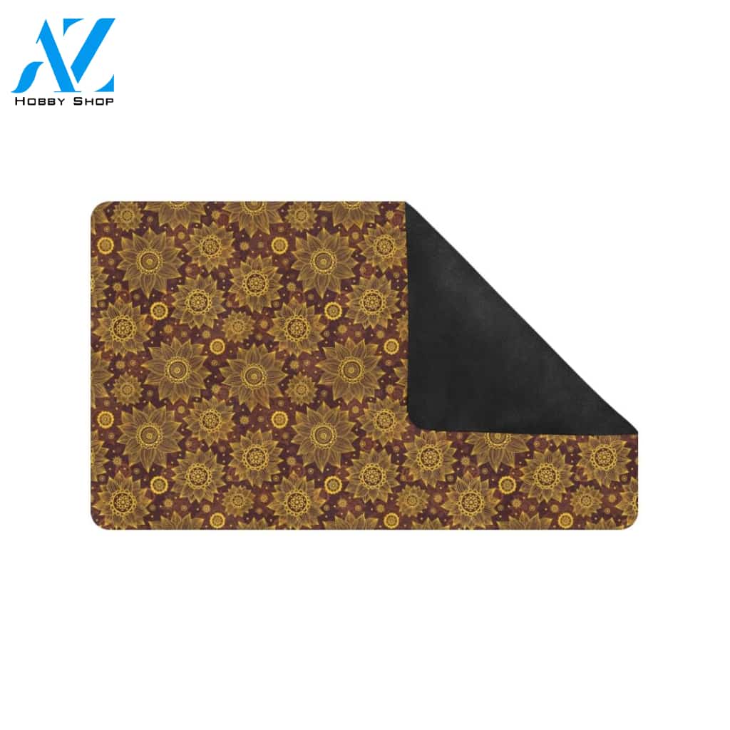 Gold Sunflower Hand Drawn Print Rubber Doormat