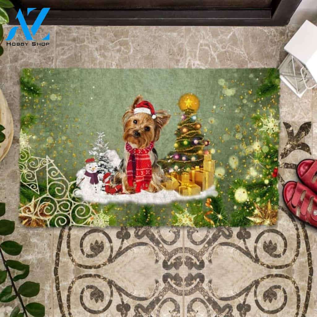 Gold Yorkshire Terrier Merry Christmas Doormat