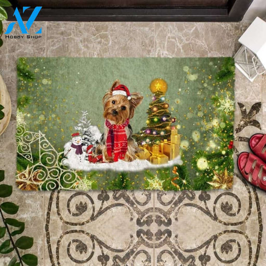 Gold Yorkshire Terrier Merry Christmas Doormat