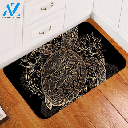 Golden Lined Turtle Black Door Mat