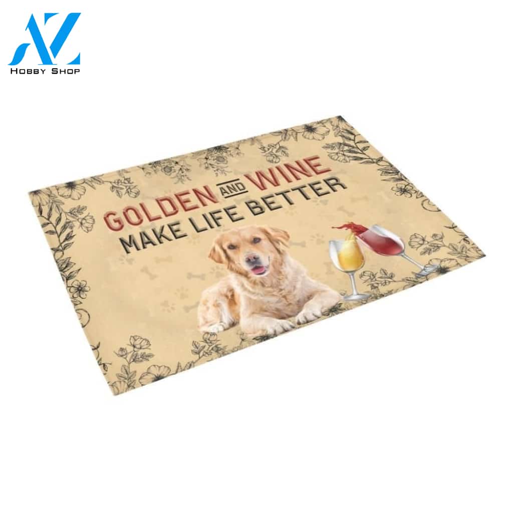 Golden Retriever And Wine Make Life Better Printed Doormat Home Decor